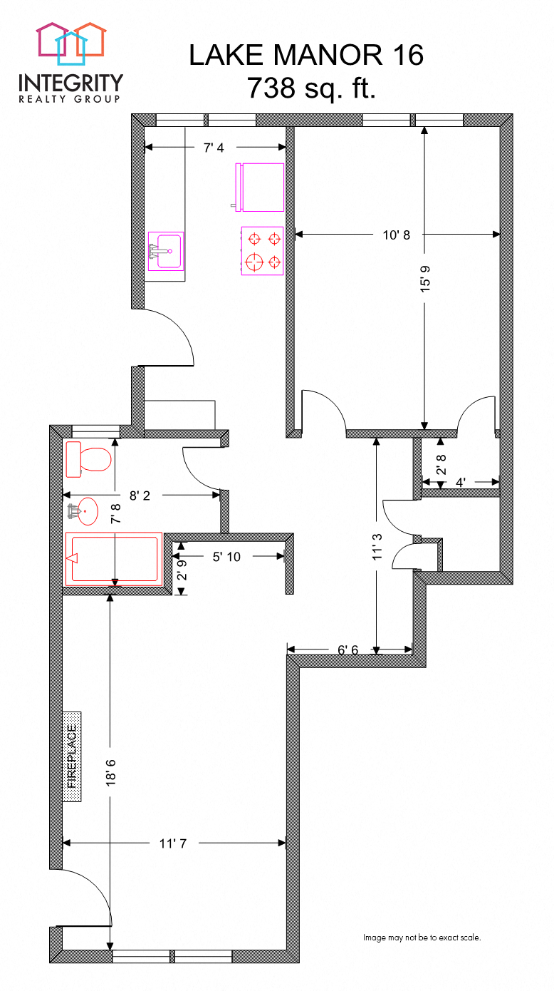 Floor plan for 1 bed, 1 bath, 738 sqft